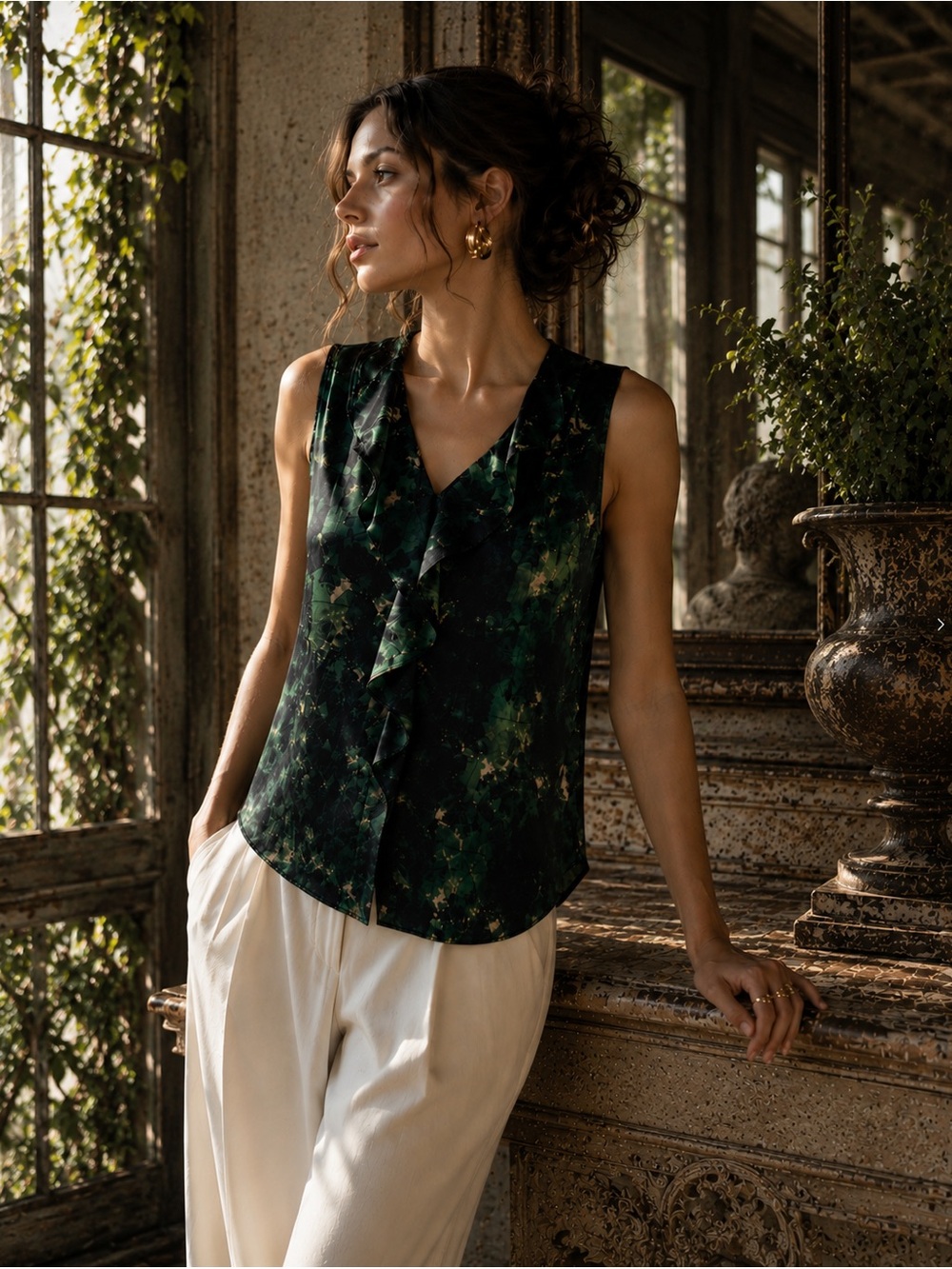 Elie Tahari Nordstrom Green Floral Satin Ruffle Shell Top Silk Blend S